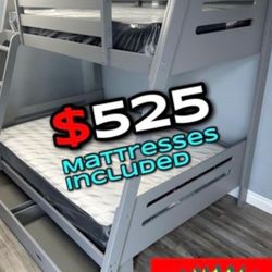 Twin Full Grey Bunkbed With Ortho Mattress Included!