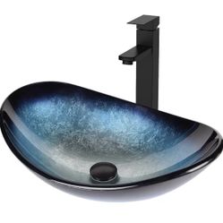 Bathroom Boat Shape Artistic Glass Vessel Sink Free Black Faucet and Pop-up Drain Set, Blue