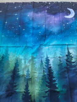Like New blue forest moonscape shower curtain with rings