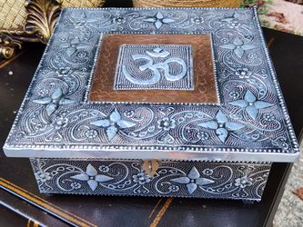 Vintage Indian Large 10x10 Embossed Mixed Metal "Om" Mandala Yoga Keepsake Box