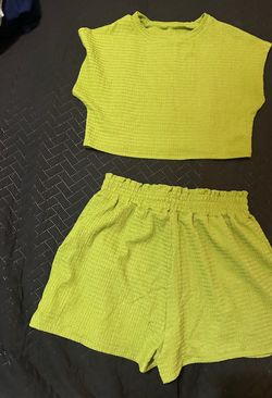 Lime Green Textured Crop Top and Shorts Set