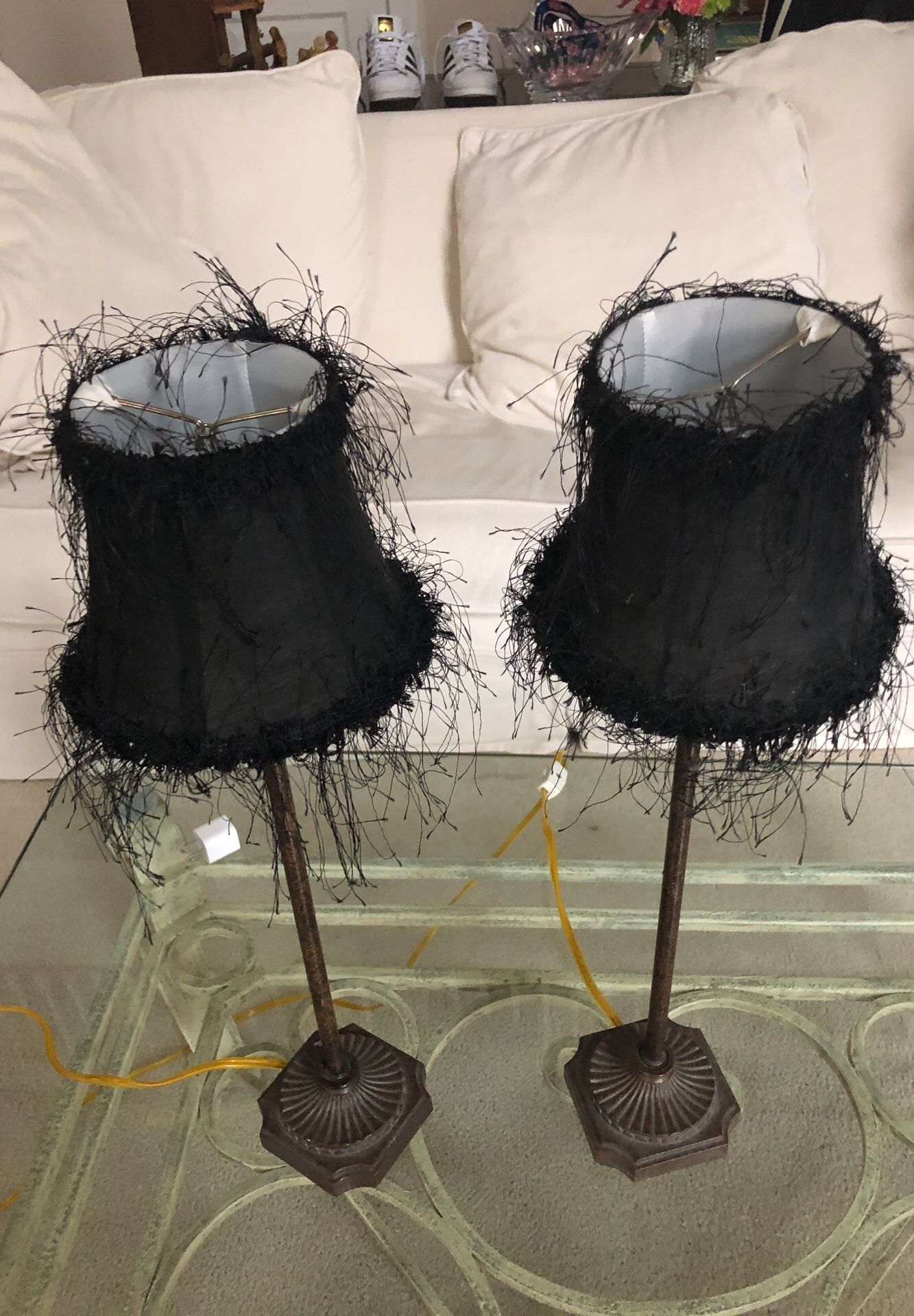 Pair of Black Lamp with Feathery Fringe