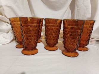 Vintage Amber Glass Footed Tumblers Set of 8