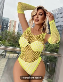 Fluorescent Yellow / Neon  Lingerie, Mesh Teddy Fishnet, Bodysuit w/Gloves