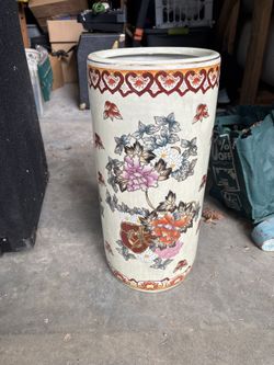 Vintage Chinese Ceramic Umbrella Stand Vase – Hand-Painted Floral – 19” Tall