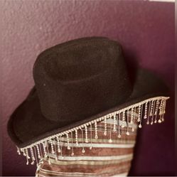 🐴Black Felt Cowgirl Hat with  Rhinestones Fringe