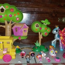 Lalaloopsy Mini Dolls Play Set Lot. Dolls, Tree House, Ferris Wheel, School Bus & Horse.