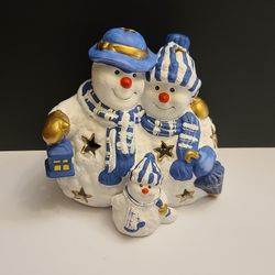 VINTAGE PENCO Ceramic Christmas Snowman Family Candle Holder 