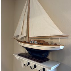 Decorative Sailboat Model w/ Wall-Mounted Hook Shelf – 36” Boat, 42” Tall 