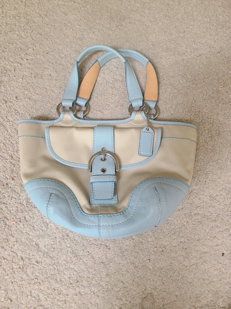 Vintage Y2k COACH Soho Twill Leather Trim Light Blue & Cream Satchel Tote