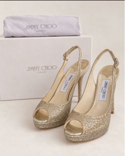Jimmy Choo Silver Glitter Slingback Peep-Toe Heels