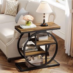Rustic Wood End Table, 4-Tier Side Table with Storage Shelves