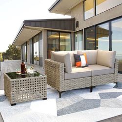 New Heavy Duty Ovios 3 Pieces Outdoor Patio Sectional Furniture Cushioned PE Rattan Wicker Chairs Conversation Set with Solar Lamps Coffee Table for B