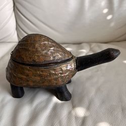 Wood Brass Metal Turtle Trinket Box w/ Sliding Lid REPAIRED!
