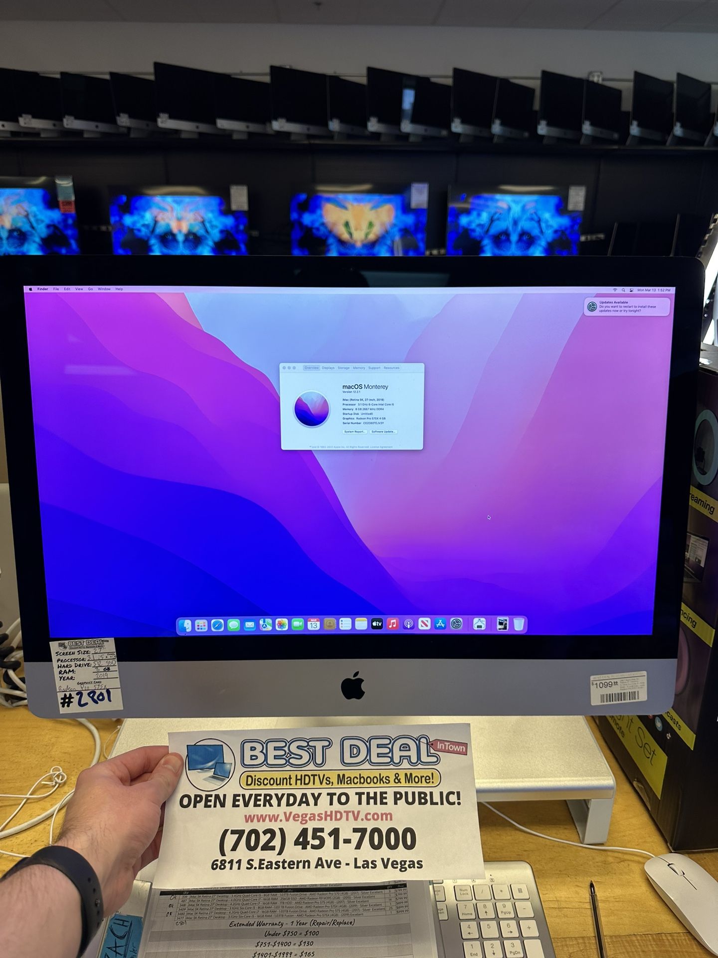 Apple 27” iMac 3.1 Six Core i5 512GB SSD 8GB of RAM 2019