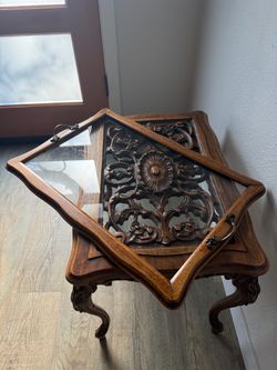 PHENOMENAL Side Table with Removable Glass Tray - Vintage Carved Wood - delivery available