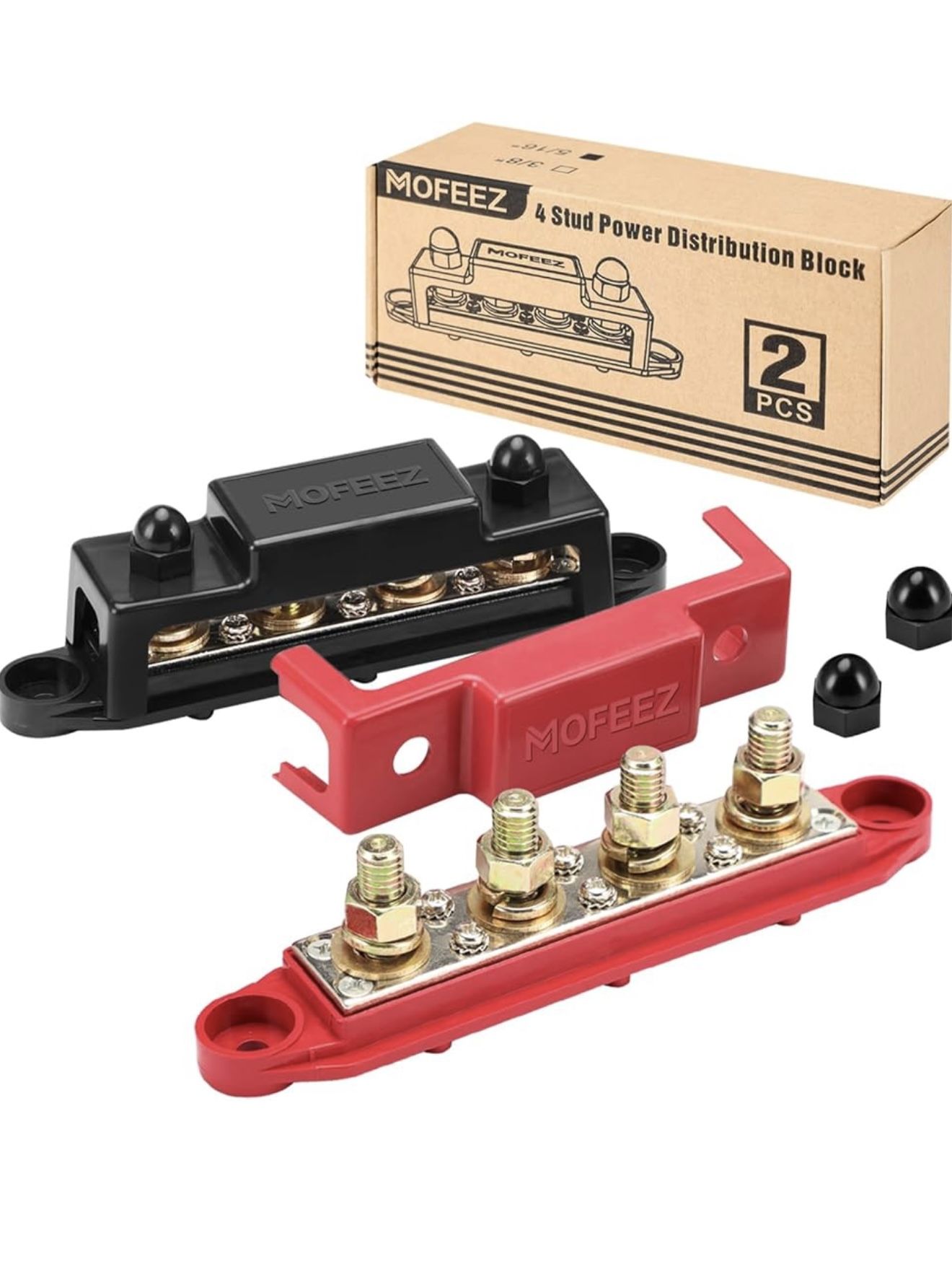 MOFEEZ Barra de bus de bloque de distribución de energía, 4 postes de 3/8 pulgadas, 6 terminales de tornillos #8, máximo 48 V 250 A (par, rojo y negro