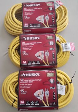 3PK Husky 50FT 14/3 Medium Duty Indoor/Outdoor Extension Cord Multi Outlet End