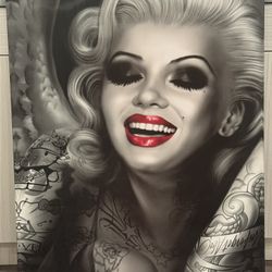 30x40 Marilyn Monroe LA Tattoo‑Style Canvas – Dodgers Hello Kitty, Grayscale with Red Lips