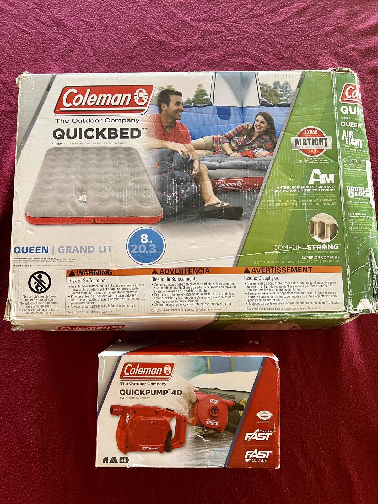 Coleman Quickbed Queen Size Air Mattress with 4D Air Pump  Both are in like new to excellent condition with no damage, issues, or leaks to report.  $5
