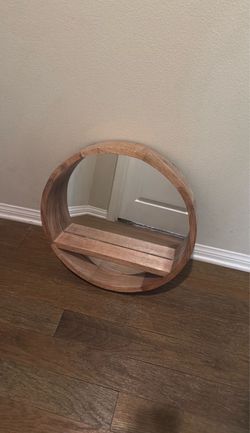Round Wood Mirror with Built-In Shelf
