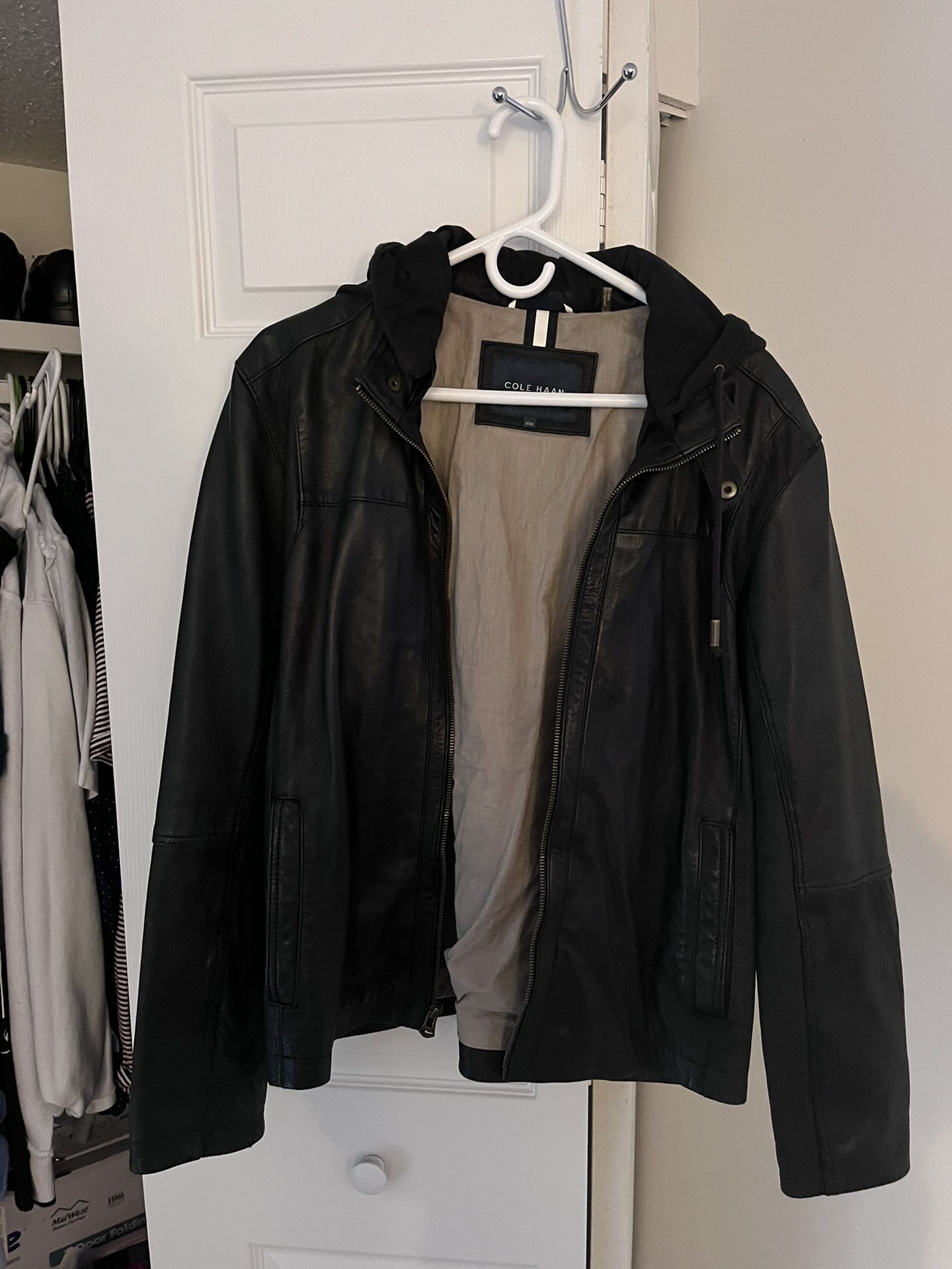 Medium COLE HAAN Leather jacket with hoodie 