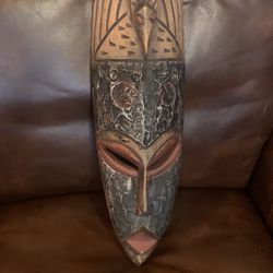 HAND CARVED WOOD AND METAL MASK FROM GHANA