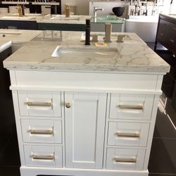 36” Bathroom Vanity Cabinet New Solid Wood Fully Assembled With Quartz Top Sink Attached Softclose Drawers Doors Ready For Pick Up Today