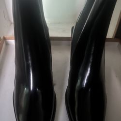 Brand New Black Patent Leather Wedge Boots, Metal Toe Cap, Size 38