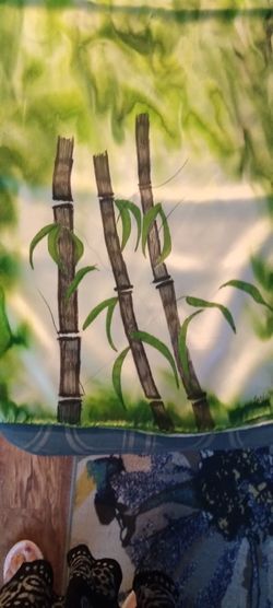 100% Silk Scarf, Hand Painted.  Bamboo/Beautiful Green Design, 68" Long, 15" Wide