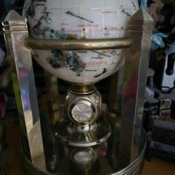 Mother Of Pearl & Gemstone Rotating Globe With Three Quartz Clocks & Thermometer

