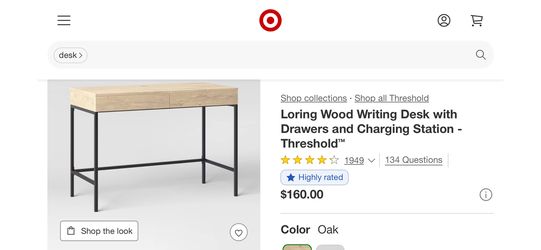 Loring Wood Writing Desk with Drawers and Charging Station