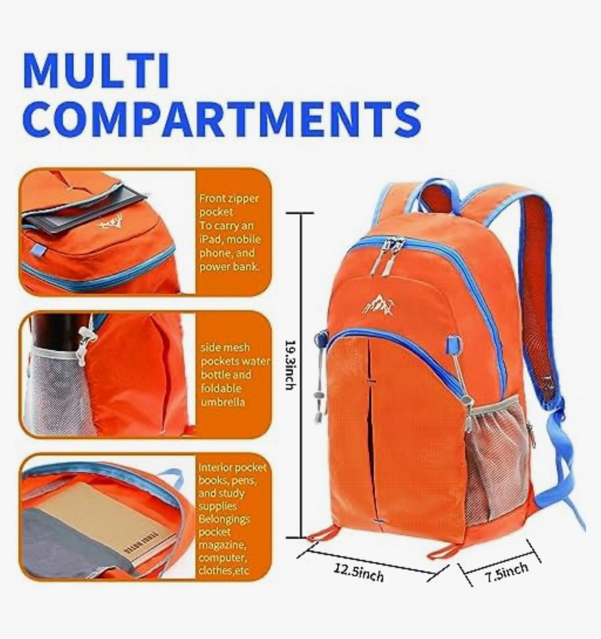 Orange Lightweight Packable Backpack - Foldable Hiking Backpacks Waterproof