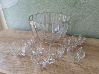 Hazel Atlas Glass Clear Colonial Swirl Shell Punch Bowl & 8 Open Handle Cups