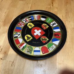 Antique Switzerland Metal Tray Circular Black And  Gold Plated 