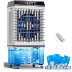 Uthfy Evaporative Air Cooler, 3-IN-1 Swamp Cooler with 5.3 Gallon Water Tank, 6 Ice Packs, Remote, 12H Timer, 120°Oscillation, Portable Cooling Fan wi
