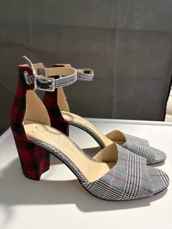 Jessica Simpson Plaid Ankle Strap Shoes Block Heel Size 8.4M
