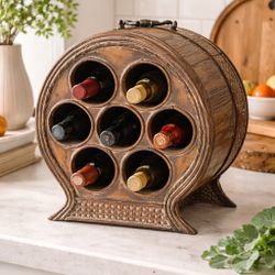 Vintage Wicker Wine Rack Holder 7 Bottle Barrel Style Boho Rustic Decor