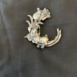 Silver Tone Rabbit With Flowers Tulips Brooch Pin 