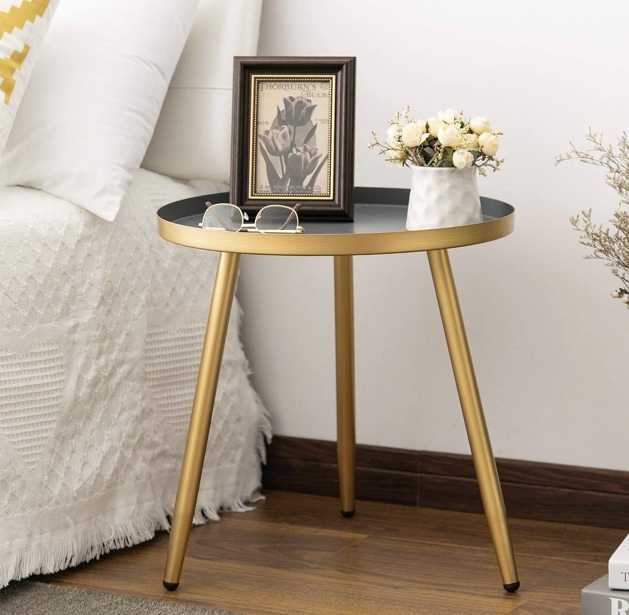 Round Side Table, Metal End Table, Nightstand/Small Tables for Living Room, Accent Tables, Side Table for Small Spaces,Gold & Gray by Aojezor