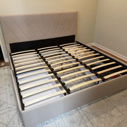 Beige King Bed Frame w/ Large Drawers
