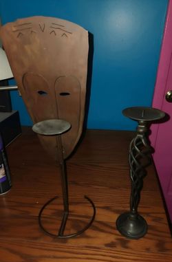 Vintage African Tribal Mask Metal Pillar Candle Holder Stand