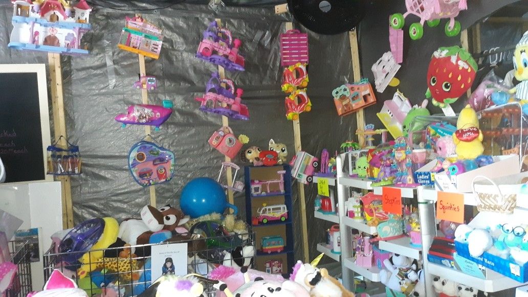 My littlest pet shop toys, shopkins, squinkies, my little ponies, strawberry shortcake, ect
