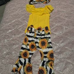 Baby Girl Yellow Sunflower Outfit Flare Leg Onesie Body Suit 