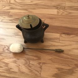 ANTIQUE RARE CAST IRON FIRE STARTER POT W/ PUMICE WAND