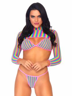 Rainbow fishnet bikini top g string and long sleeved crop top 3 pcs Pool party Swimming Dress Up Fun