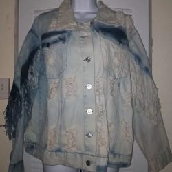 KROIX Womens Distressed Acid Washed Frayed Fringe Denim Jean Jacket 3XL