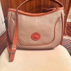 Vintage Dooney & Bourke All-Weather Leather Crescent Shoulder Bag in Taupe w/British Tan Trim i