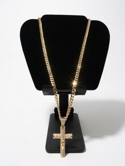 14K Gold Plated Iced Out Jesus Crucifix Pendant Necklace - Cuban Chain
