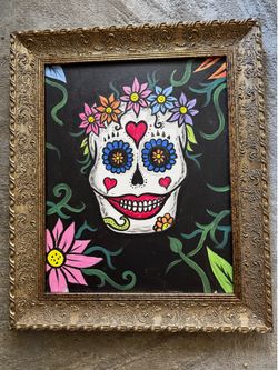Hand Painted Sugar Skull Canvas Framed Day Of The Dead Gothic Boho Wall Art